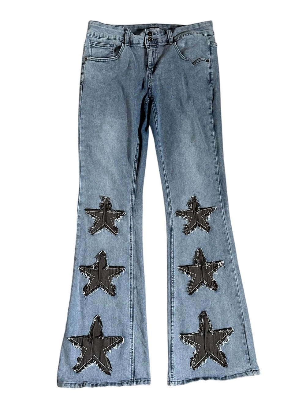 HOT TOPIC wide leg/flare stretch jeans black stitched stars sz 13 w/34” inseam